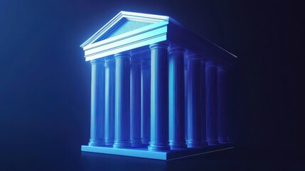 Poster - digital bank icon with columns on blue background, representing modern online cashless payments.