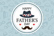 © Тетяна Костів - Father's Day greeting design with a central circular emblem featuring 'Happy Father's Day' text, a fedora hat, mustache, and hearts. Set against a light blue seamless pattern of men's accessories.