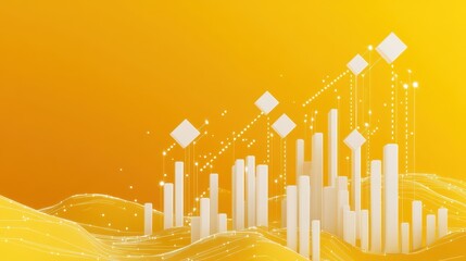Poster - Start up and idea concept with white growing arrows, plus signs, pixel symbols and lines on abstract yellow background. 3D rendering illustration , no logos, no brands
