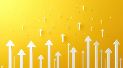 Poster - Start up and idea concept with white growing arrows, plus signs, pixel symbols and lines on abstract yellow background. 3D rendering illustration , no logos, no brands