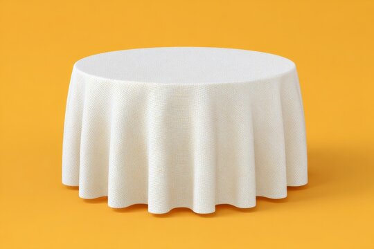 A 3D rendering of an empty pedestal display or white dinner table set against a vibrant yellow background adorned with elegant fabric, serving as a blank stand for product presentation
