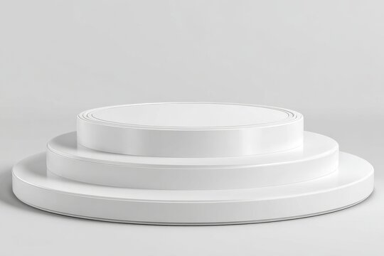 An empty product shelf is depicted standing against a backdrop, with a box stand and pedestal, all set against a white background in a 3D rendering
