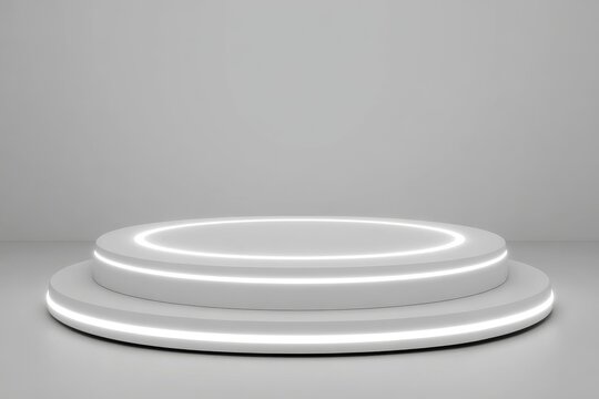 The image features a white studio template and round shape pedestal set against a simple background with a spotlight shining down on a product shelf, created using 3D rendering techniques