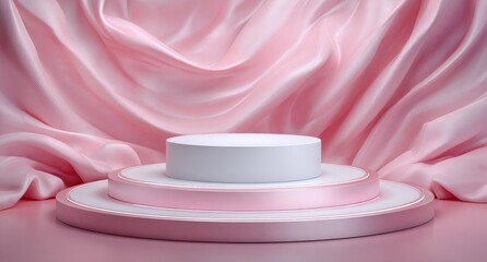 Poster - A pink cosmetic podium stands on a minimalist 3D background with an abstract luxury fabric backdrop for product display and advertising