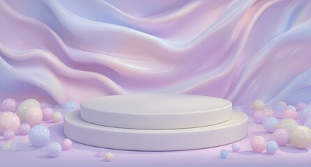 Poster - The presentation stand features a pastel-colored scene with a blank beauty cloth background and a minimalist product display stage