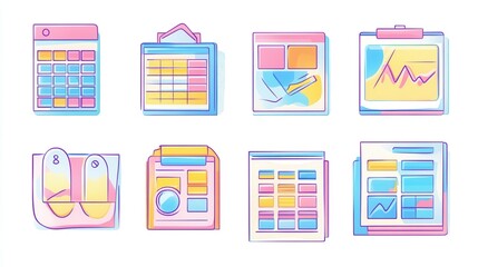 Poster - Linear vector isolated illustration set of visual data representation. Tax application form, online map and infographics, personal data protection, financial banking information, calendar planning. i