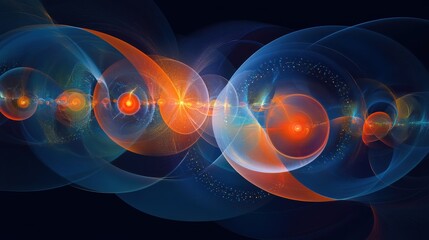 Poster - Abstract digital art with glowing circles and lines on a dark blue background, with a central neon light circle. Surrounded by small colored dots and a spiral torus split into two circular parts.