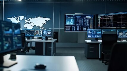 Poster - Interior shot showcasing a modern control room with multiple computer screens displaying data, a world map, keyboard, and mouse on the desk.