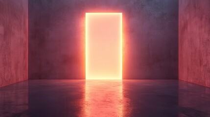 Poster - Gallery interior with blank glowing vertical banner and concrete floor.Museum and exhibition concept. Mock up. 3D Rendering illustration , no logos, no brands