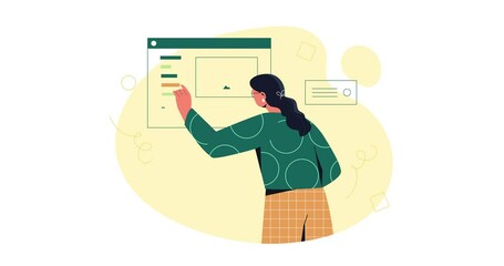 Poster - Business activity scene. Moving banner with female entrepreneur creating content for digital marketing and company promotion on social networks. Internet advertising. Flat graphic animated cartoon