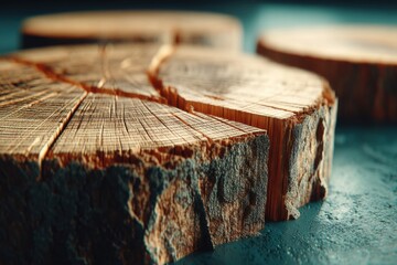 Aufkleber - A detailed close-up of a wooden log cut into pieces, revealing the intricate patterns and textures, showcasing the natural beauty of the wood grain and rough edges.