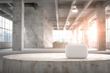 Poster - Abstract concrete interior space with a round concrete table and a white object, bright sunlight streaming through large windows in an industrial building for product placement.