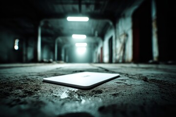 Poster - An abandoned, desolate space with a tablet resting on a rough, textured surface, illuminated by faint, distant lights, evokes a sense of mystery and decay.