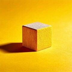 Aufkleber - Wooden Cube on Yellow Background, Minimalist Geometric Composition, Warm Tones.