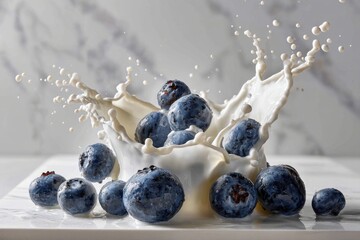 Poster - A dynamic shot of blueberries splashing into a pool of fresh, creamy white milk, creating a visually appealing and refreshing image, on a light marble background.