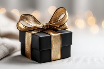 Poster - Elegant black gift box with shimmering golden ribbon and bow, set against a soft, blurred background with festive bokeh lights for a luxurious presentation.
