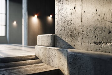 Poster - A close-up shot of a modern interior with concrete structures and wooden steps, creating a minimalist yet textured architectural space, showcasing light and shadow interplay.