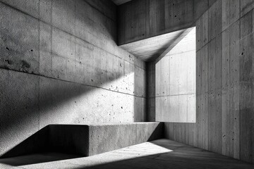 Poster - A minimalist architectural space, constructed with concrete walls and a natural light source, casting shadows and creating an atmosphere of modern simplicity, a stark aesthetic.