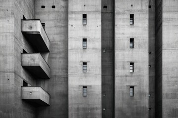 Poster - A stark architectural facade featuring textured concrete walls, minimalist windows, and protruding balconies, presenting a brutalist aesthetic in monochromatic tones.