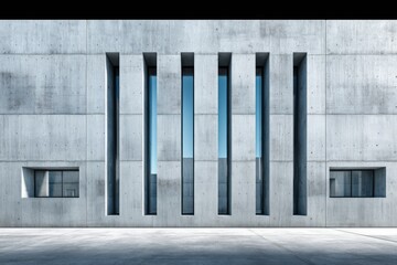 Poster - A modern concrete building facade with vertical windows reflecting a clear blue sky, set against a minimalist architectural design and textured concrete surface.