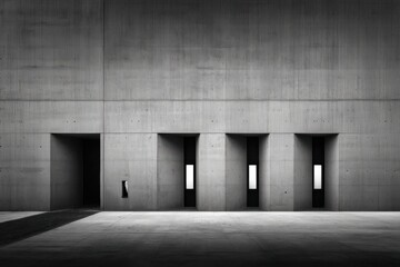 Poster - Minimalist close-up of a smooth concrete faÃ§ade punctuated by identical narrow vertical windows. Repetition and simplicity create a bold, modernist composition suitable 