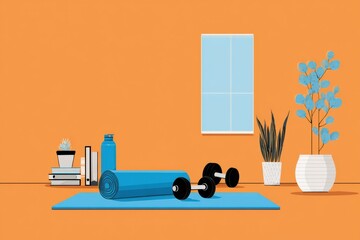 Aufkleber - Home Workout Setup Featuring Yoga Mat and Dumbbells on a Clean, Vibrant Background for Fitness Enthusiasts