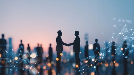 Aufkleber - Silhouette Businessmen Handshake Deal Global Network Cityscape Background Professional Partnership Corporate Success Teamwork Collaboration Agreement Future Technology   