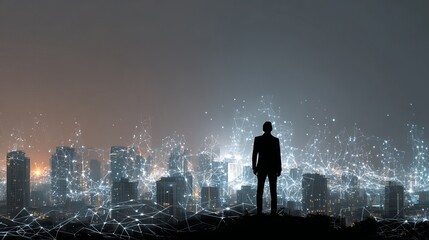 Poster - Silhouette Businessman Futuristic Cityscape Night View Modern Technology Network Global Connections Digital Innovation Smart City Urban Development Businessman Standing  
