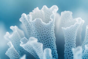 Wall Mural - Delicate, translucent, and ethereal coral structures with intricate porous patterns against a soft, calming blue backdrop.