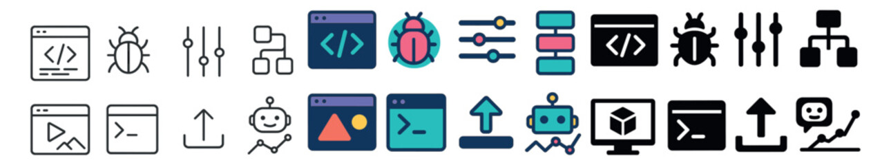 Software development and coding icon collection, programming and tech symbol set