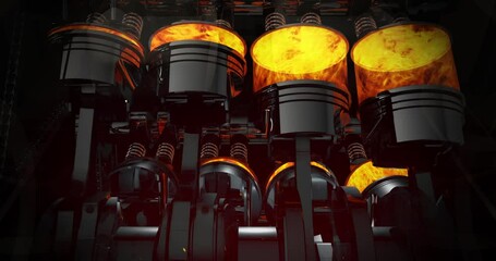 Poster - Wireframe Vehicle Hood Opening to Show V8 Crankshaft and Pistons. Industry And Technology Related 3D Animation.