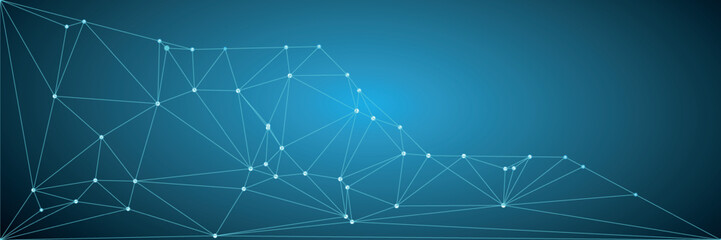 abstract network graphic design in deep blue with light teal lines.