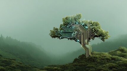 Poster - Digital Tree Nature Technology Green Circuit Board Futuristic Eco Friendly Sustainable Environment Digital Art Abstract Background Image Graphic Design Illustration      