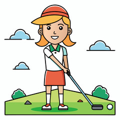 a charming cartoon girl golfer prepares her swing on a vibrant green golf course under a cheerful sk
