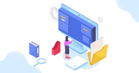 Poster - File storage. Moving banner with girl in archive working with documents, statistics, data and graphs. Analytical department, paperwork and info flow. Isometric 3D graphic animated cartoon