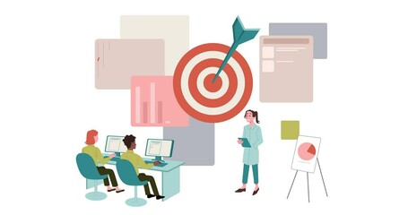 Poster - Focus on problem. Moving banner with company training employees in public speaking. Coaching and visualization of goals. Psychology courses and mental development. Flat graphic animated cartoon.