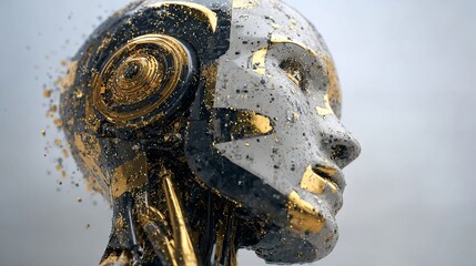 Poster - Abstract Metallic Robot Head Profile Gold Black Grey Digital Art Futuristic Sci Fi Technology Artificial Intelligence 3D Render Elegant Modern Design Innovation Concept  