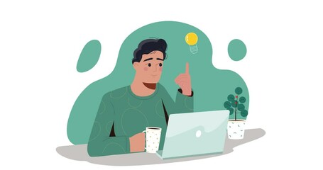 Poster - Employee with new idea. Moving banner with male office worker brainstorming and coming up with new creative solutions for business. Inspiration and problem solving. Flat graphic animated cartoon