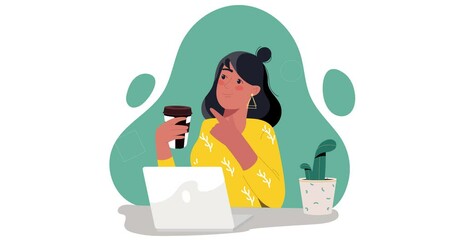 Poster - Employee with new idea. Moving banner with thoughtful female office worker coming up with new creative solution for business. Brainstorming and inspiration. Flat graphic animated cartoon