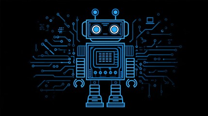 Poster - retro futuristic robot digital art circuit board design technology illustration blue neon lines mode