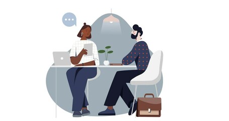 Poster - Recruitment and hiring. Moving banner with woman HR manager reading resume and interviewing job candidate. Human resources and finding right employee for vacancy. Flat graphic animated cartoon