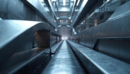 Poster - Futuristic architecture 3d render interior. Metallic design, geometric shapes, modern abstract background. Industrial hallway with perspective, lines. Digital art with futuristic design for