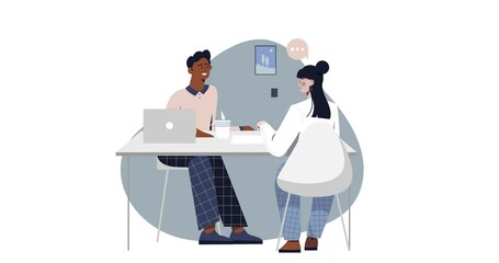 Poster - Recruitment and hiring. Moving banner with male HR manager conducting job interview with candidate. Character reads resume and evaluates employee skills. Human resources. Flat graphic animated cartoon
