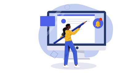 Poster - Time management. Moving banner with female entrepreneur or office worker standing in front of computer screen and answering business messages. Planning work tasks. Flat graphic animated cartoon