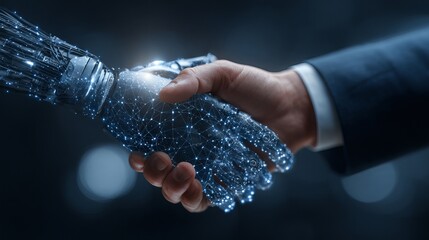 Poster - Human Handshake with Futuristic Robotic Hand Digital Art Network Connection Technology Business Innovation Future Collaboration Artificial Intelligence Modern Technology 