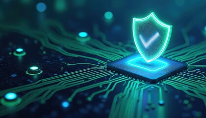 Poster - Illustration of cyber security verification. Digital shield checkmark icon in neon blue and green hues. Secure data protection concept. Verification of credentials identity. Digital tech background.