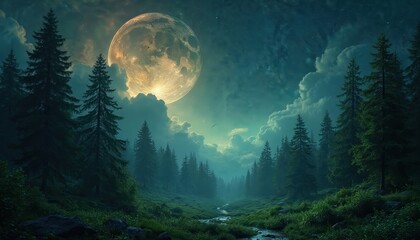 Wall Mural - Illustration full moon over night forest. Pine trees, river, sky, clouds, stars landscape. Perfect for nature, astronomy, fantasy themes, wallpaper, background, travel, design, eco-tourism projects.
