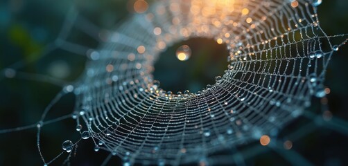 Poster - Delicate spider web with water droplets on morning light. Macro shot of spiderweb in nature. Web with bokeh, creating atmospheric mood. Nature beauty, abstract art concept.