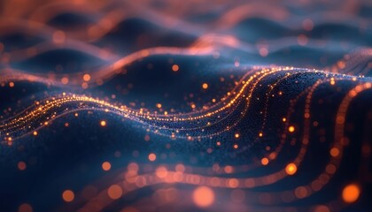 Aufkleber - 3D abstract wallpaper features dark mode design. Rendered with vibrant orange, blue glowing bokeh. Wave lines, bright dots, artistic illustration, perfect for modern tech projects, website