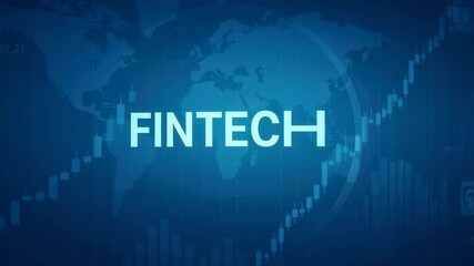 Poster - Fintech concept with text in a circle over a world map and financial data. Financial technology and digital money future visualization footage.